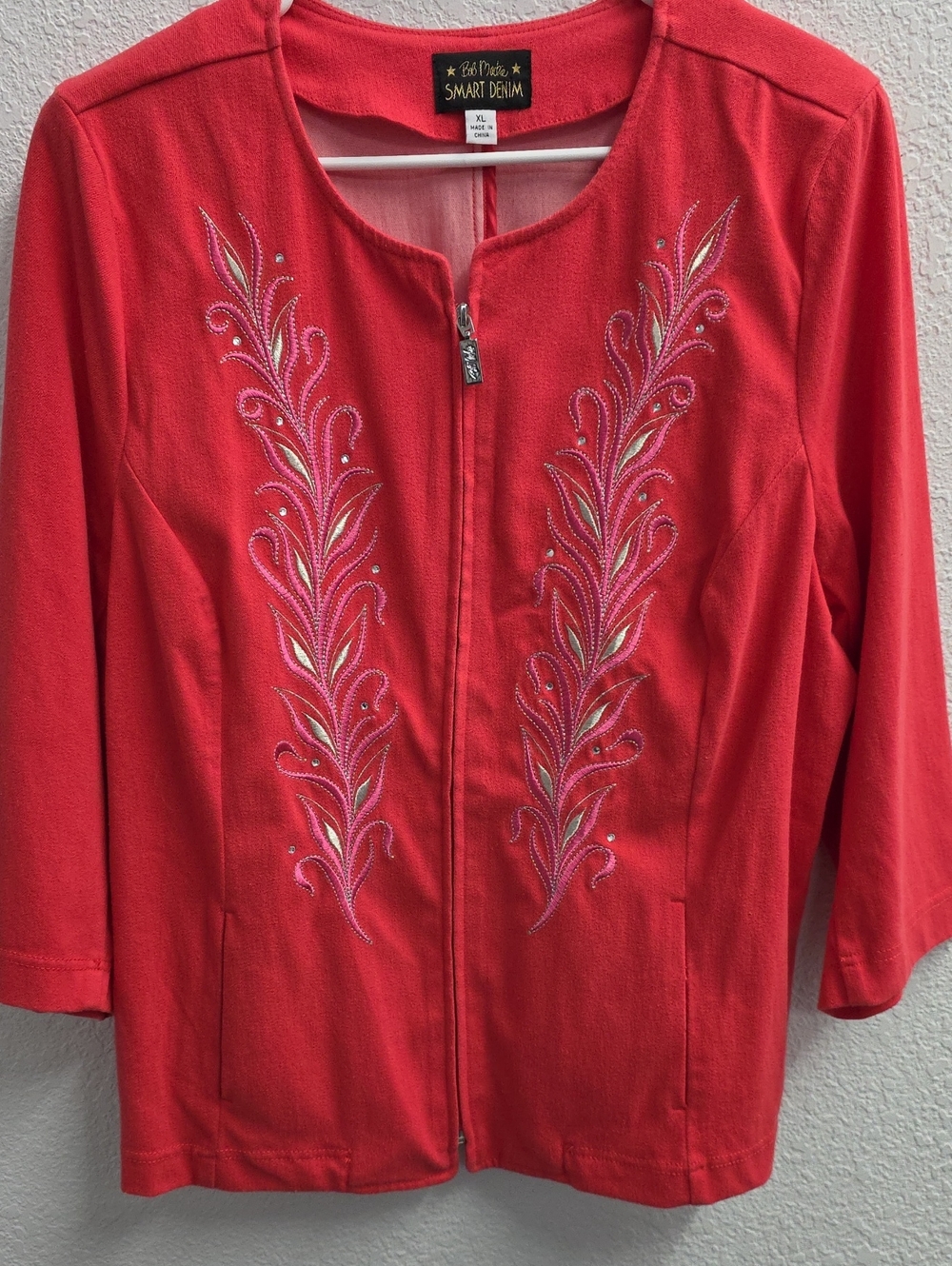 Bob Mackie Smart Denim Embroidered Zip Front Jacket Coral Pink XL
